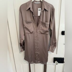 New with tags; Abercrombie & Fitch satin belt tie dress, taupe; size XXS.